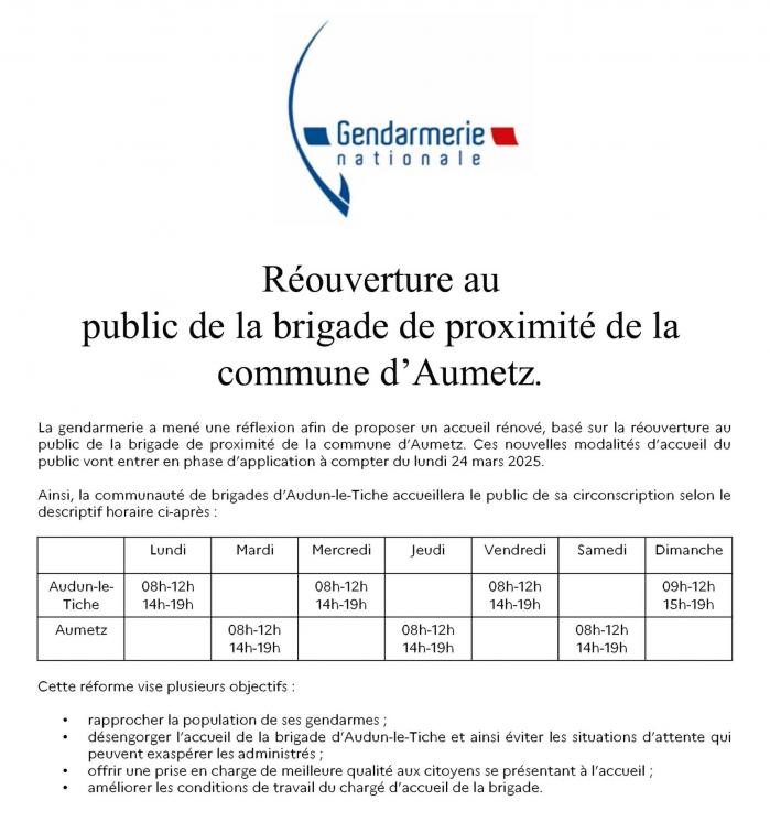 Horaires accueil gendarmerie